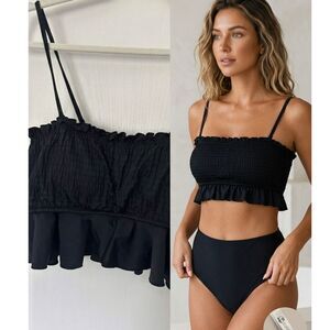 Cupshe Black Smocked Ruffle Bikini Top - Size M - Spaghetti Straps